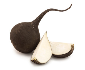 Black radish with slices isolated on white background