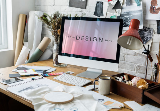 Computer on Fashion Designer's Desk Mockup