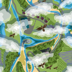 vector illustration seamless background from trees, village, fields, beach and birds in brown colors