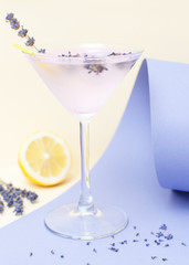 Cold, refreshing lavender lemonade, martini on a bright yellow-lilac background with ice, lemon and lavender flowers on the background. vertical frame with space for text