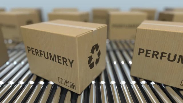 Carton boxes with PERFUMERY text move on roller conveyor. Realistic loopable 3D animation