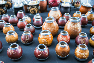 Handmade gourd cups in street market in Buenos Aires, Agentina.