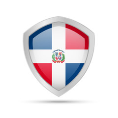 Shield with Dominican Republic flag on white background.