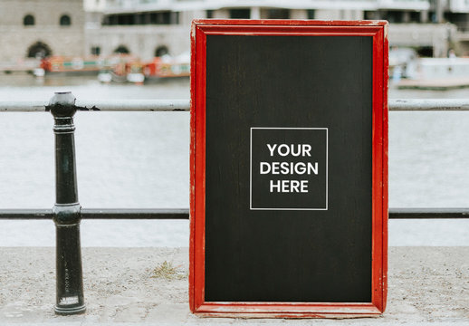 Sign with Red Border near River Mockup