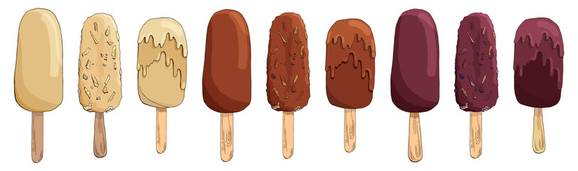 Set of vector hand drawn chocolate ice cream. Eskimo pie isolated on white background. Ice lolly. Popsicle cake. Chocolate-coated cake with boiled condensed milk, nuts, caramel, waffles, cornflakes
