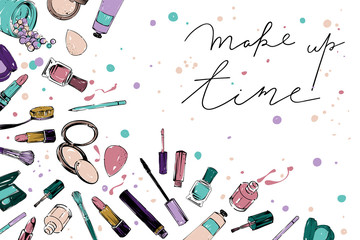 Makeup set banner with different cosmetics, vector