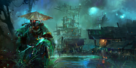 drawn night fantastic cyberpunk style landscape with a soldier - 273758155