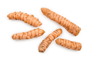 Turmeric root isolated on white background. Top view. Flat lay