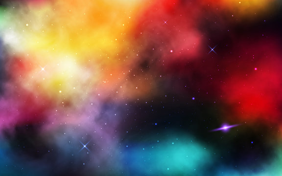 Space background. Realistic cosmos with stardust and nebula. Colorful universe with planet and milky way. Abstract color galaxy and shining stars. Vector illustration