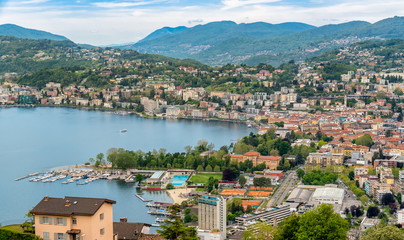 Panoramic view of Lugano city on the shore of Lake Lugano, Switzerland