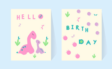 Set cards Mom and baby. Dinosaurs. Happy birthday greeting. Doodle poster lettering hand-drawn. Sketch. Pink and mint color. Geometric Shapes Dino Vector Illustration. For print baby shower invitation