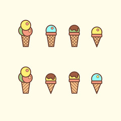 Doodle set Ice cream with different types ice cream waffle cone, cup ice cream, popsicle, sundae. Sketch style. Hand drawn vector illustration for cafe menu, card, birthday card decoration.