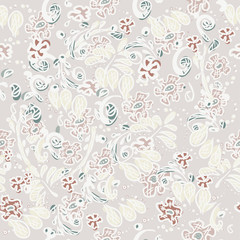 Fototapeta na wymiar Flower pattern. Seamless design for wallpaper in doodle style. White outlines on a beige background. Abstract natural ornament for textiles. Light hand sketch. Vector illustration