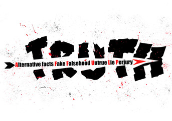 Concept illustration an arrow of Alternative facts, Fake, Falsehood, untrue, lie and perjury shattering Truth text paint splattered background