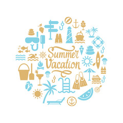Icon summer set. Vector illustrations with vacation simbols. Round composition.