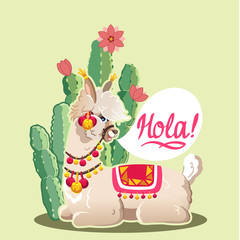 Obraz na płótnie Canvas Illustration with llama and cactus plants. Vector seamless pattern on green background. Greeting card with Alpaca.