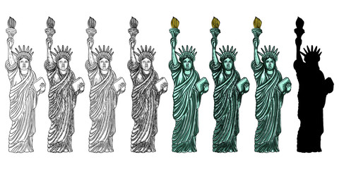 Statue of liberty set in different styles. Illustration of various drawings. Hand drawn line cross hatching, stroke, color, black white sketch and silhouette flat. New York and USA landmark. Vector.