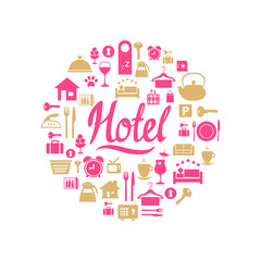Icon hotel set. Vector illustrations with vacation simbols. Round composition.
