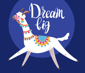 Illustration with llama, composition on bluevector doodle elements. Greeting card with Alpaca. Dream big.