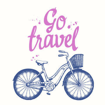 Travel vector illustration with bicycle in sketch style on white background. Brush calligraphy elements for your design. Handwritten ink lettering.