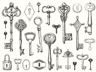 Fototapeta na wymiar Vector set of hand-drawn antique keys. Illustration in sketch style on white background. Old design