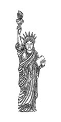 Statue of Liberty hand drawing. USA New York landmark. Independence Day July 4 American symbol. Symbol of freedom and United States Declaration of Independence. Easy to edit layers. Vector.