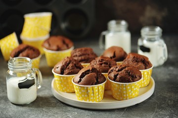 Homemade chocolate muffins. Homemade baking.