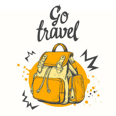 Travel backpack. Vector hand-drawn bag. Illustration in sketch style on white background. Brush calligraphy elements for your design. Handwritten ink lettering.