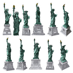 US Statue of Liberty set drawings in color. USA New York city famous tourist landmark. Poster or flyers sculpture illustrations elements. Hand drawn logo of American symbol for presentations. Vector.