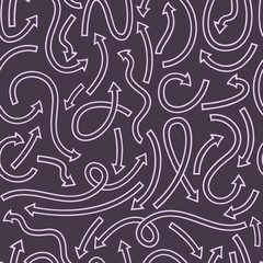 Seamless pattern with different curved arrows. Vector illustration on violet background.
