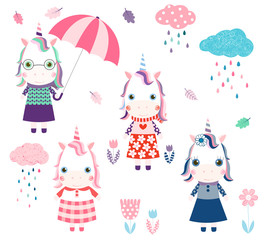 Cute vector set with unicorns and rainy clouds for kids designs and backgrounds