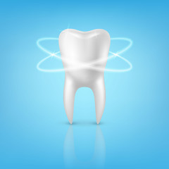 Vector 3d Realistic Render Human Tooth with Glow Closeup Isolated on Blue Background. Dental, Medicine and Health Concept, Design Template. Medical Element, Toothpaste, Healthy Oral Hygiene