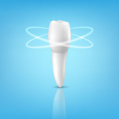 Vector 3d Realistic Render Human Tooth with Glow Closeup Isolated on Blue Background. Dental, Medicine and Health Concept, Design Template. Medical Element, Toothpaste, Healthy Oral Hygiene