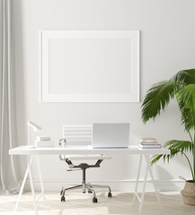 Poster, wall mock up in home interior background, home office, Scandinavian style, 3d render
