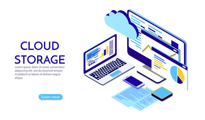 Concepts Cloud storage. Header for website with Computer, laptop, smartphone on white background. Design for Landing Page. 3d isometric flat design. Vector illustration.