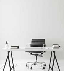 Poster, wall mock up in home interior background, home office, Scandinavian style, 3d render