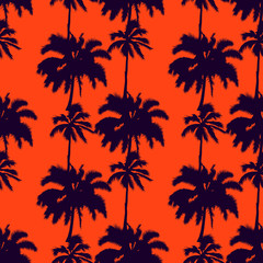 Fototapeta na wymiar Silhouettes vector palm trees isolated on an orange background. seamless pattern. Perfect for fabric, wallpaper or giftwrap. illustration