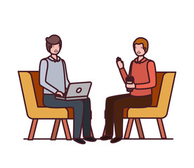 men sitting in chair with laptop on white background