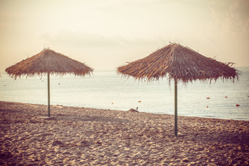 Umbrella of reeds on the beach. Summer mood. Best beach vibes