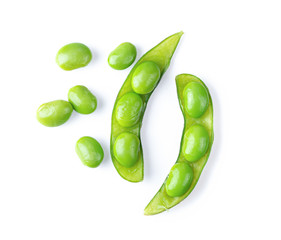 green soybeans on white background. top view