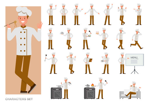 Set of Chef working character vector design. Presentation in various action with emotions, running, standing and walking.