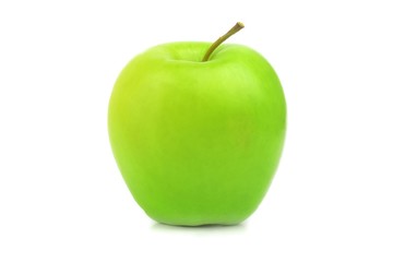 Perfect fresh green apple isolated on white background in full depth of field. Single bio organic healthy fruit food. One bright whole juicy ripe delicious apple closeup. Nature diet concept.