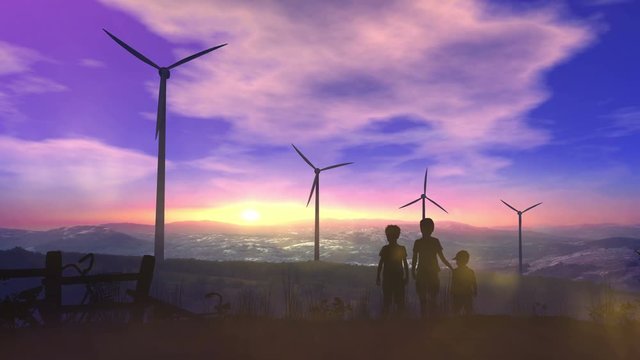 Children At Sunset Watching Wind Power Plants