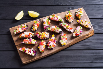Traditional  Peruvian food background with mussels