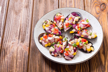 Traditional  Peruvian food background with mussels
