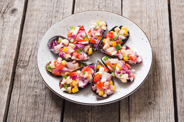 Traditional  Peruvian food background with mussels