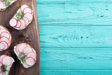 Healthy vegetable toasts sandwith with radish and dill