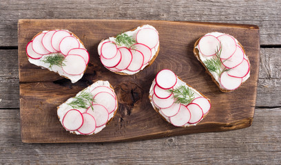 Healthy vegetable toasts sandwith with radish and dill