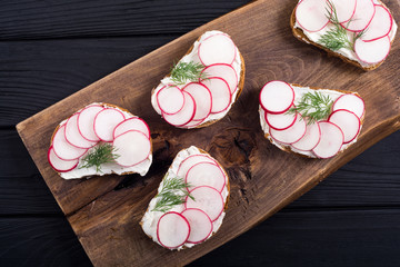 Healthy vegetable toasts sandwith with radish and dill