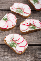 Healthy vegetable toasts sandwith with radish and dill